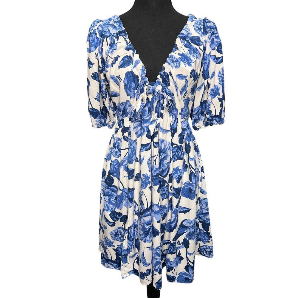 Abercrombie Floral Mini Dress WOMEN SM Blue White Puff Coquette Cottagecore
